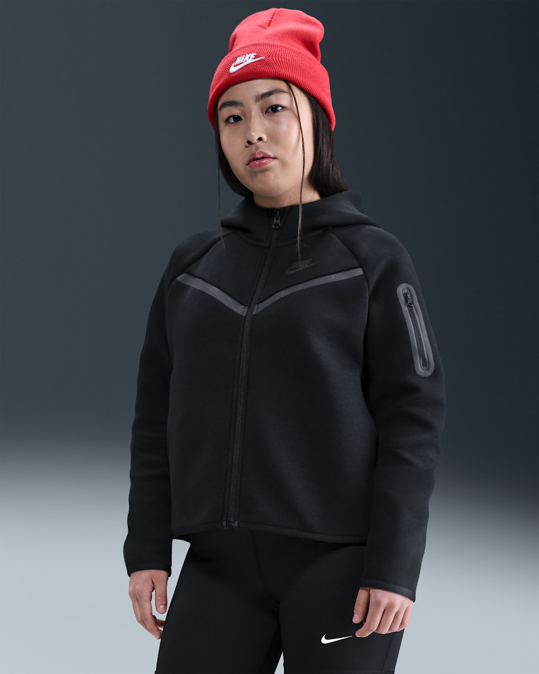 Nike Sportswear Tech Fleece Girls' Full-Zip Hoodie (Extended Size) - Black/Black/Black/Black