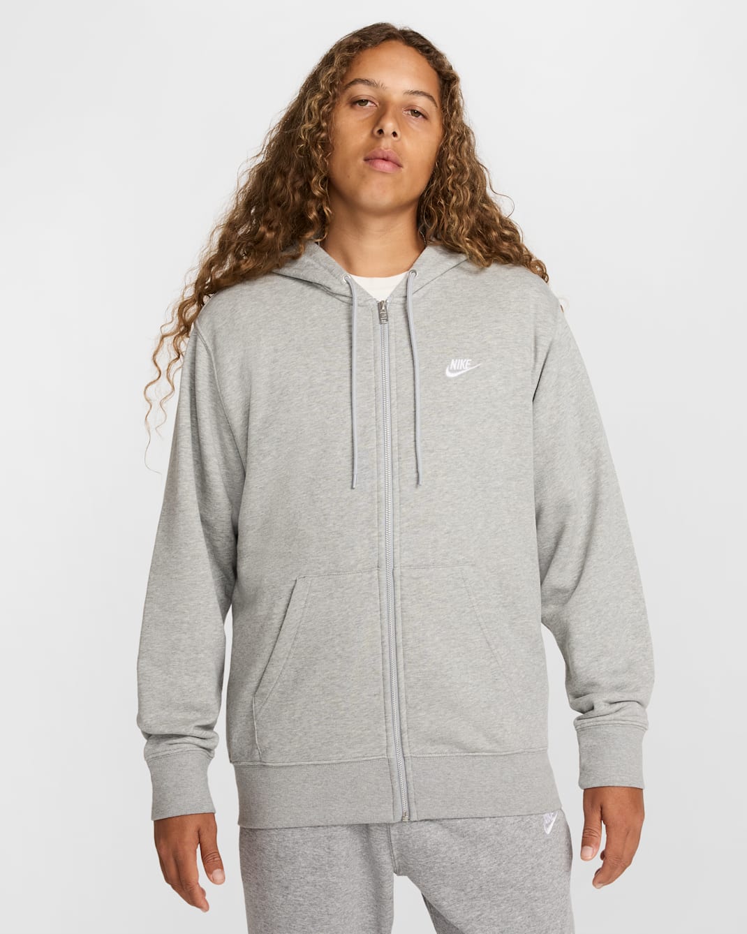 Nike Club hosszú cipzáras, kapucnis, francia frottír férfipulóver - Dark Grey Heather/Light Smoke Grey/Fehér