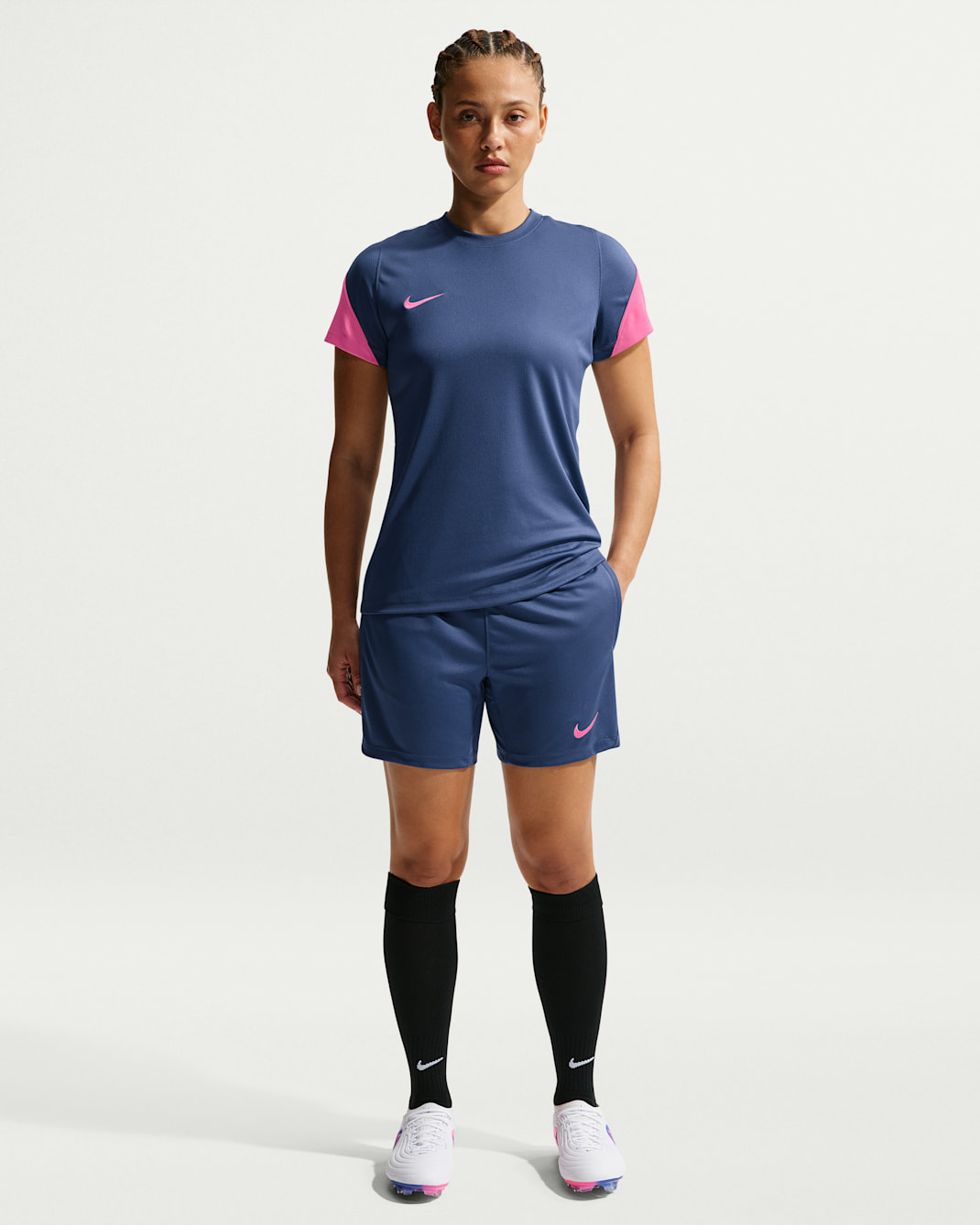 Shorts de fútbol de tejido Knit Dri-FIT para mujer Nike Strike - Azul marino místico/Blanco/Rosa paleta/Rosa paleta
