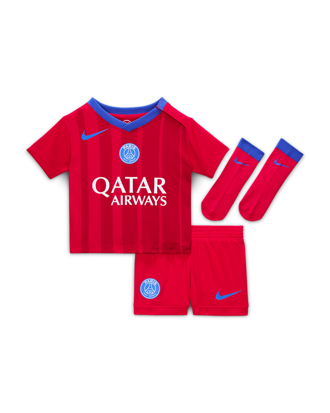 Paris Saint-Germain 2025/26 Stadyum Üçüncü Nike Total 90 3 Parça Bebek Futbol Taraftar Forması - Global Red/Sport Red/Hyper Royal