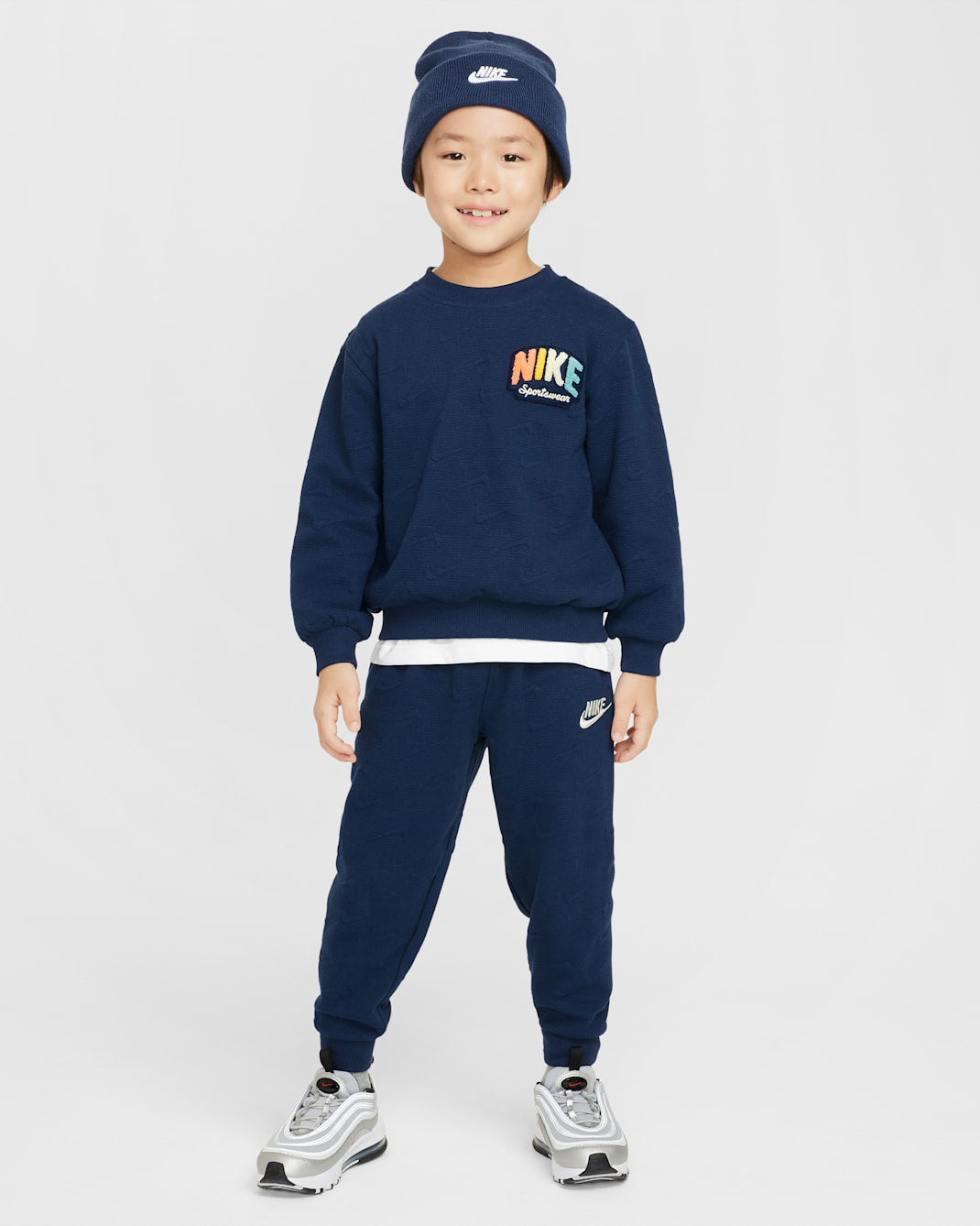 나이키 스포츠웨어 파우더 플레이 리틀키즈 투피스 자카드 크루 세트 - 미드나이트 네이비