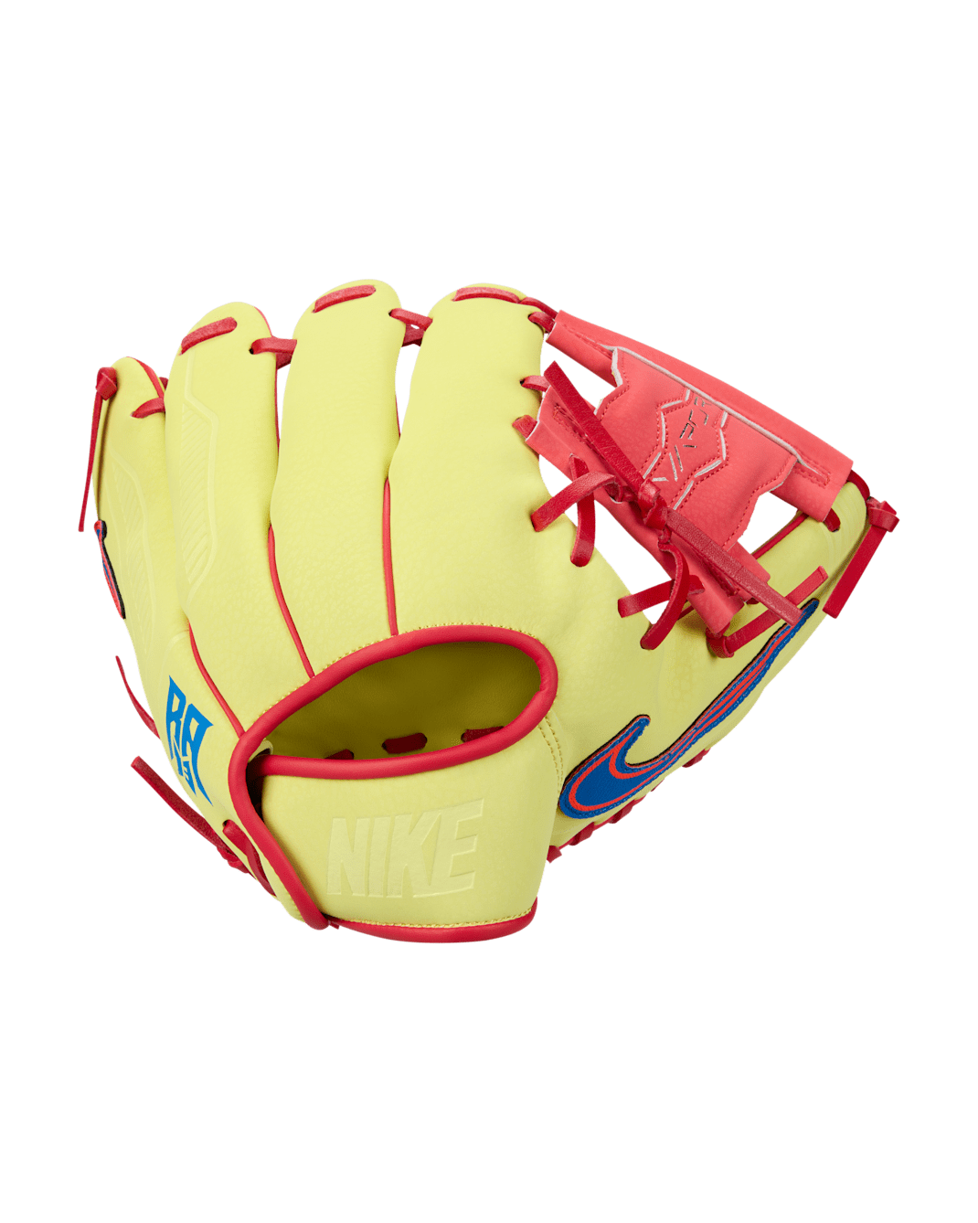 Nike Vapor "Ronald Acuña Jr." Guante de béisbol para mano derecha para niños grandes - Amarillo opti/Carmesí brillante
