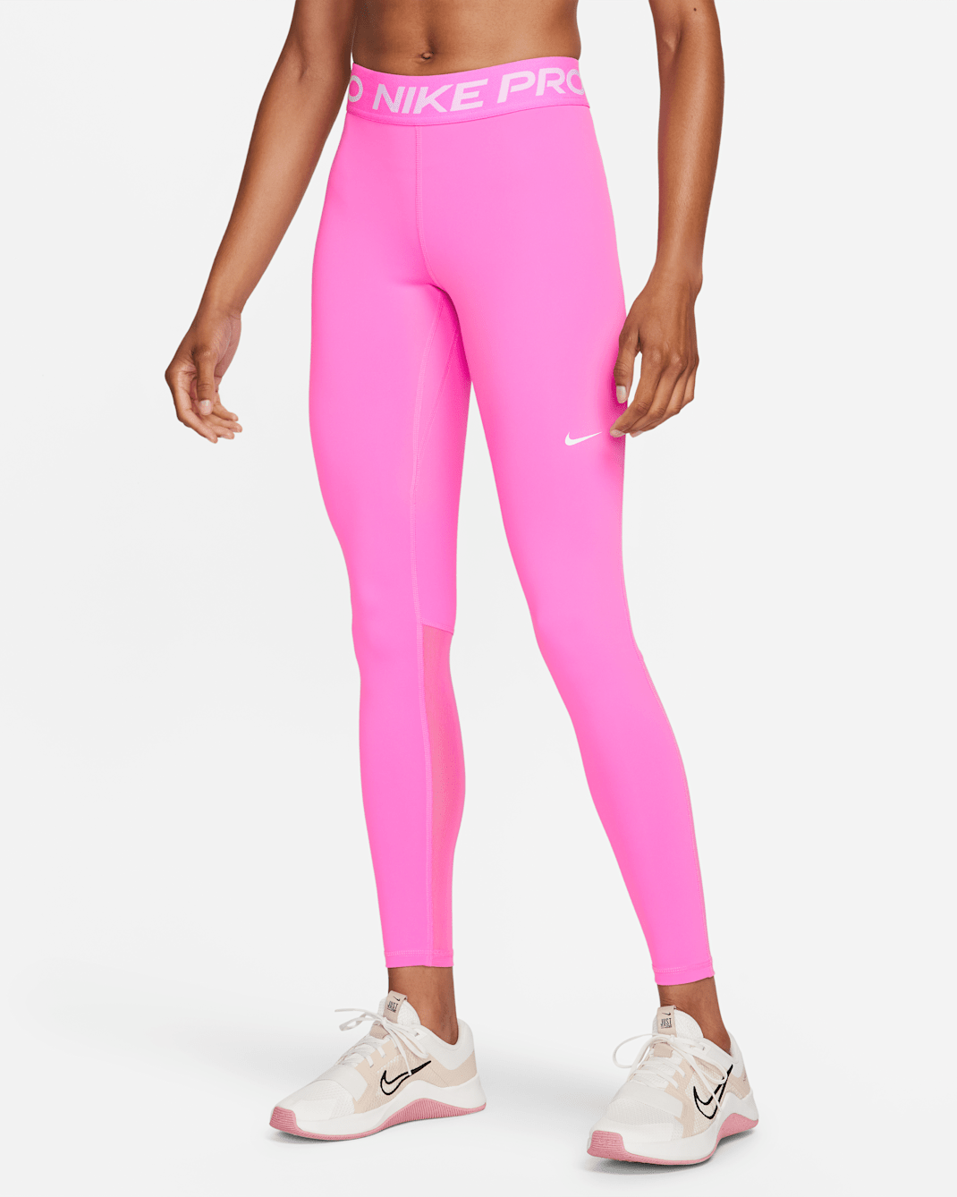 Leggings con paneles de malla de tiro medio para mujer Nike Pro - Rosa alegre/Blanco