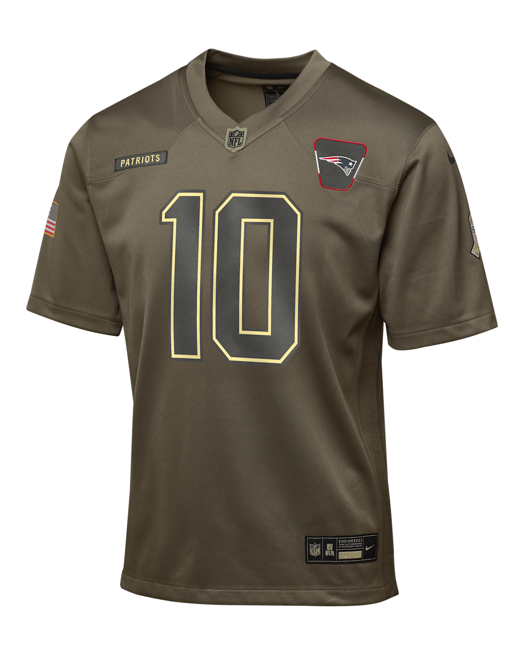 Jersey para niños talla grande Nike de la NFL Game de Drake Maye de los New England Patriots Salute to Service - Oliva