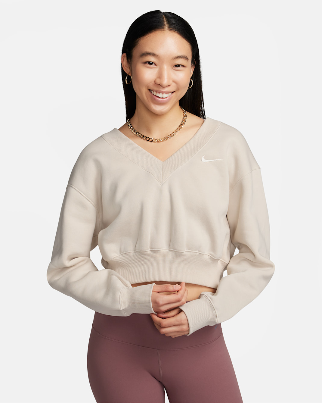 Sudadera cropped de cuello en V para mujer Nike Sportswear Phoenix Fleece - Marrón verdoso claro/Vela