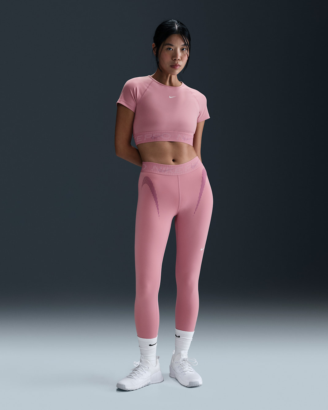 Nike Pro Women's Mid-Rise 7/8 Graphic Leggings - Elemental Pink/Bold Berry/Pink Foam/White