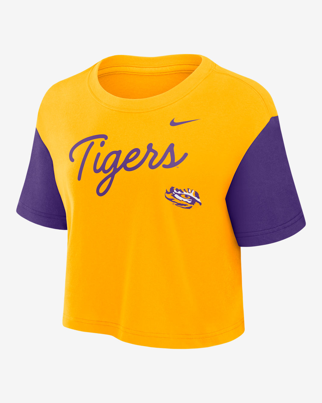 LSU Script Women's Nike Dri-FIT College Cropped T-Shirt - Gold