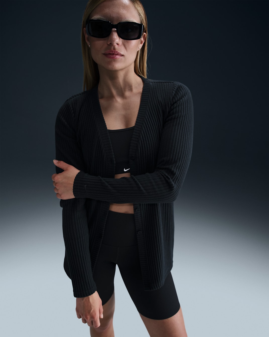 Cárdigan de tela de canalé entallado para mujer Nike Sportswear Chill Knit - Negro/Negro