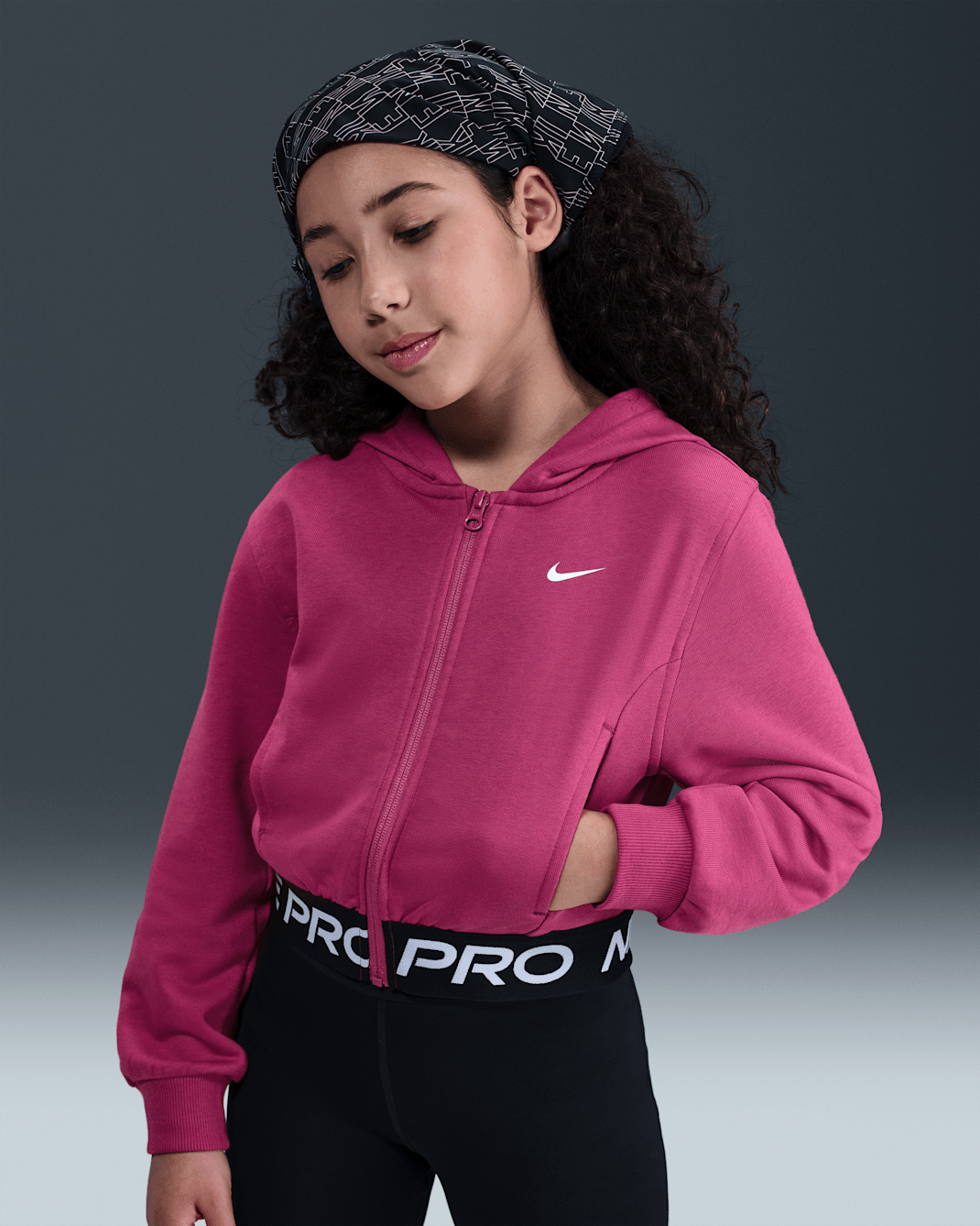 Nike Pro Fleece Older Kids' (Girls') Dri-FIT Full-Zip Hoodie - Sweet Beet/Sweet Beet/Black/White