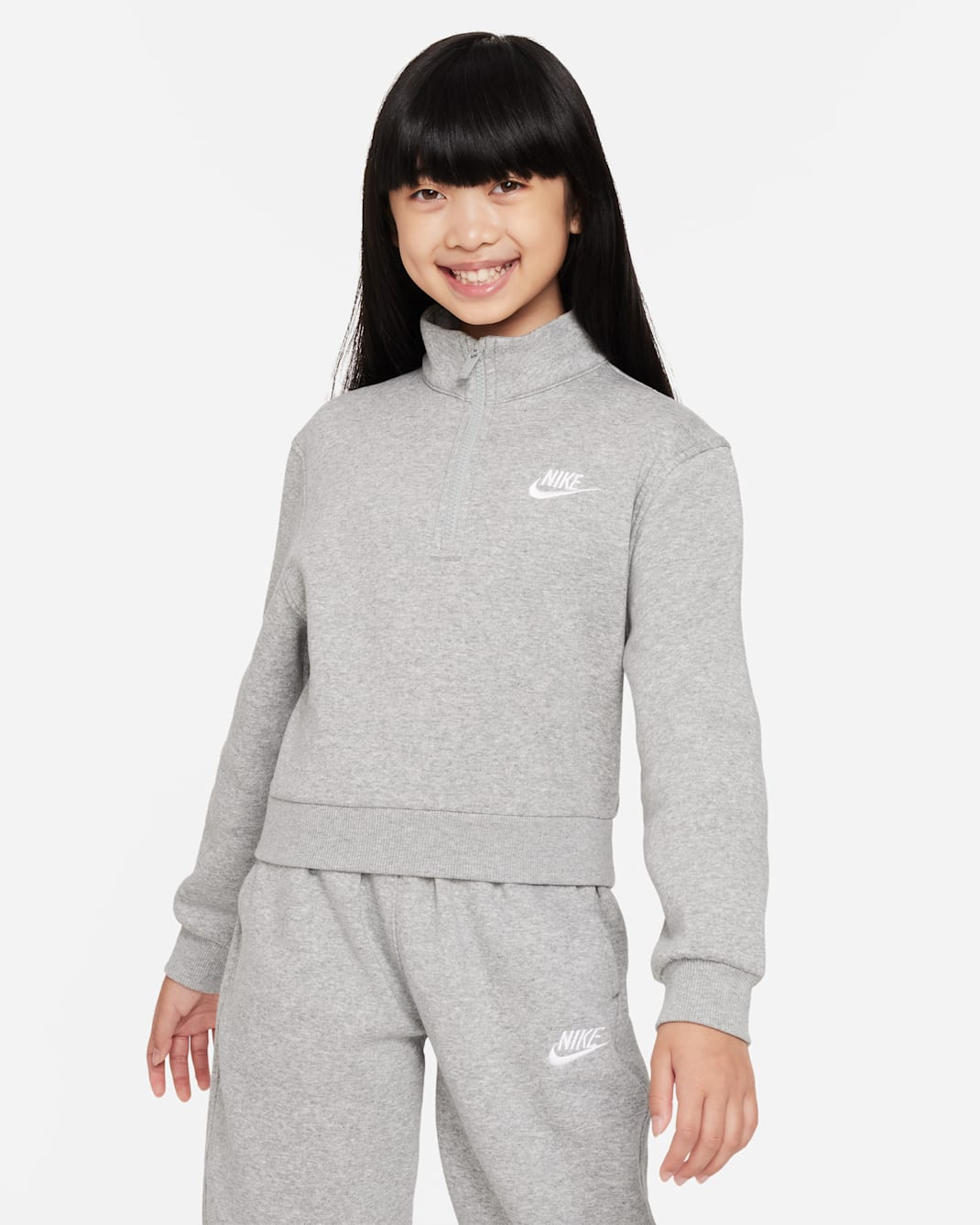 Nike Sportswear Club Fleece Big Kids' (Girls') 1/2-Zip Long-Sleeve Top - Dark Grey Heather/White