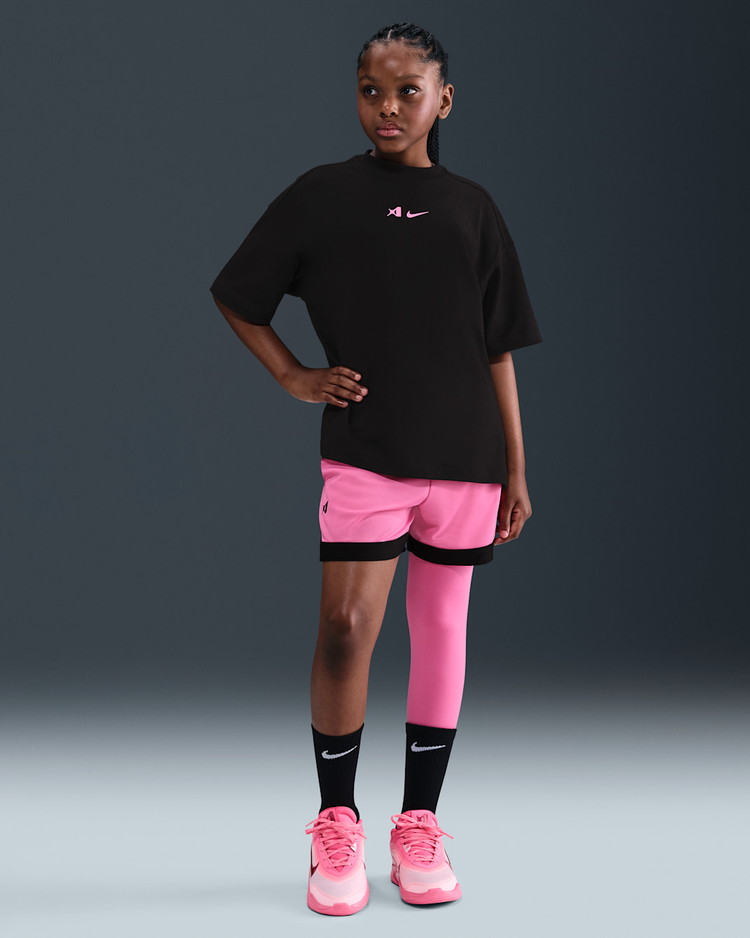 Leggings de básquetbol asimétricos de una sola pierna de tiro medio para niña A'ja Wilson - Rosa paleta/Negro