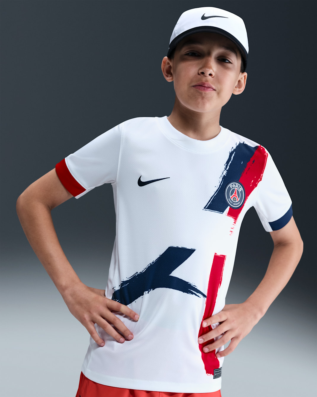 Paris Saint-Germain 2024/25 Stadium Away Older Kids' Nike Dri-FIT Football Replica Shirt - White/University Red/Midnight Navy/Midnight Navy