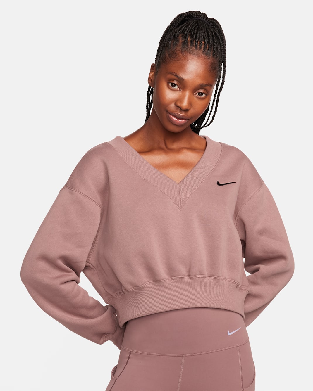 Sudadera cropped de cuello en V para mujer Nike Sportswear Phoenix Fleece - Malva humeante/Negro