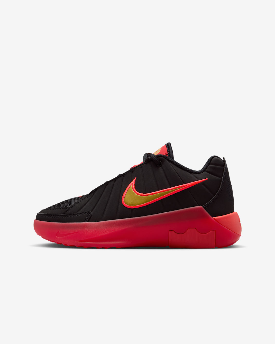 Tenis de básquetbol para niños grandes LeBron Witness 9 - Negro/Rojo universitario/Carmesí brillante/Oro metalizado