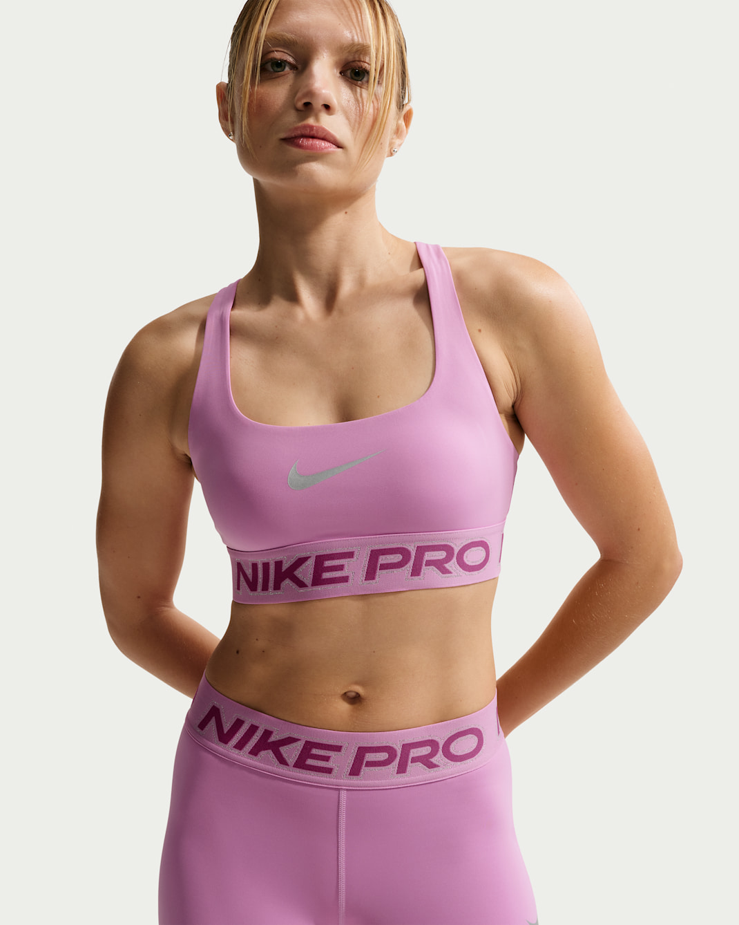 Nike Pro Women's Light-Support Non-Padded Sports Bra - Light Magenta/Hot Fuchsia/Metallic Silver
