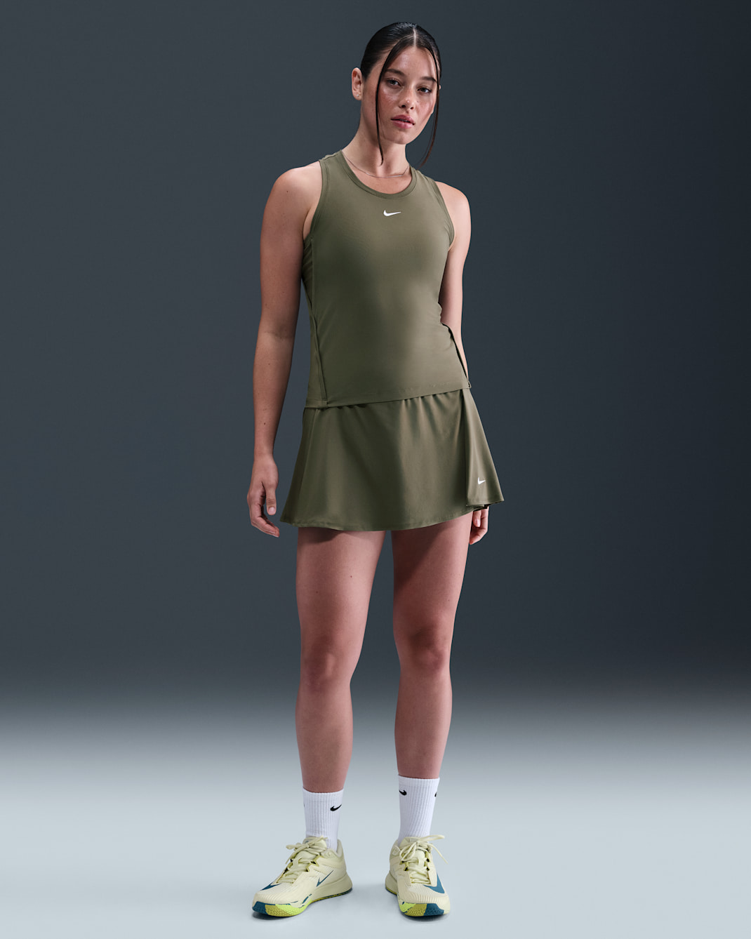 Nike Victory Women's Dri-FIT Short Flouncy Tennis Skirt - Medium Olive/Medium Olive/White
