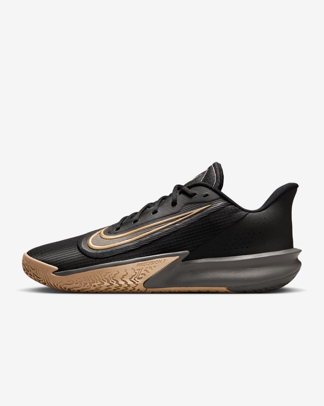 Tenis de básquetbol Nike Precision 7 - Negro/Beige paracaídas/Gris hierro/Oro metalizado