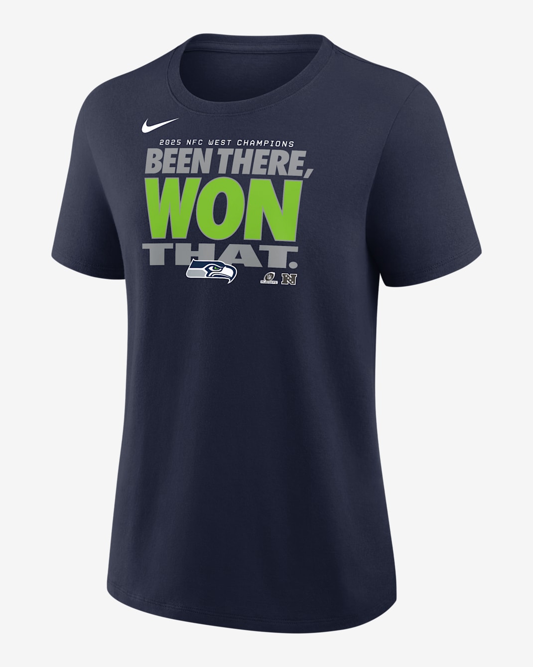 Seattle Seahawks 2025 NFC West Champions Trophy Women's Nike NFL T-Shirt - Navy