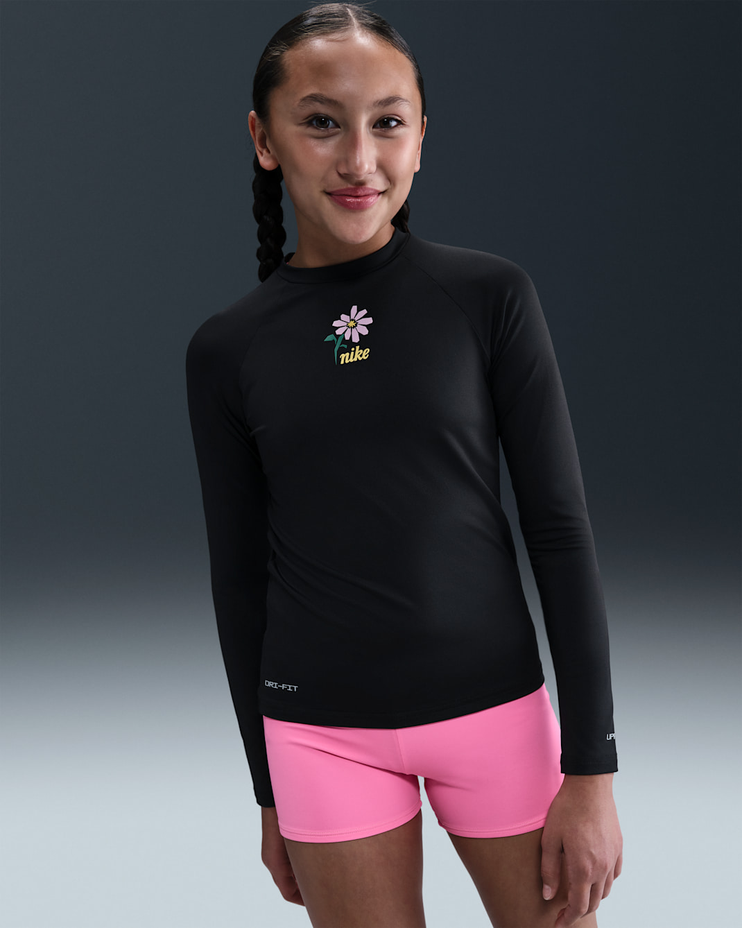Playera de manga larga Dri-FIT UV para niña talla grande Nike Swim Hydroguard - Negro/Espuma rosa