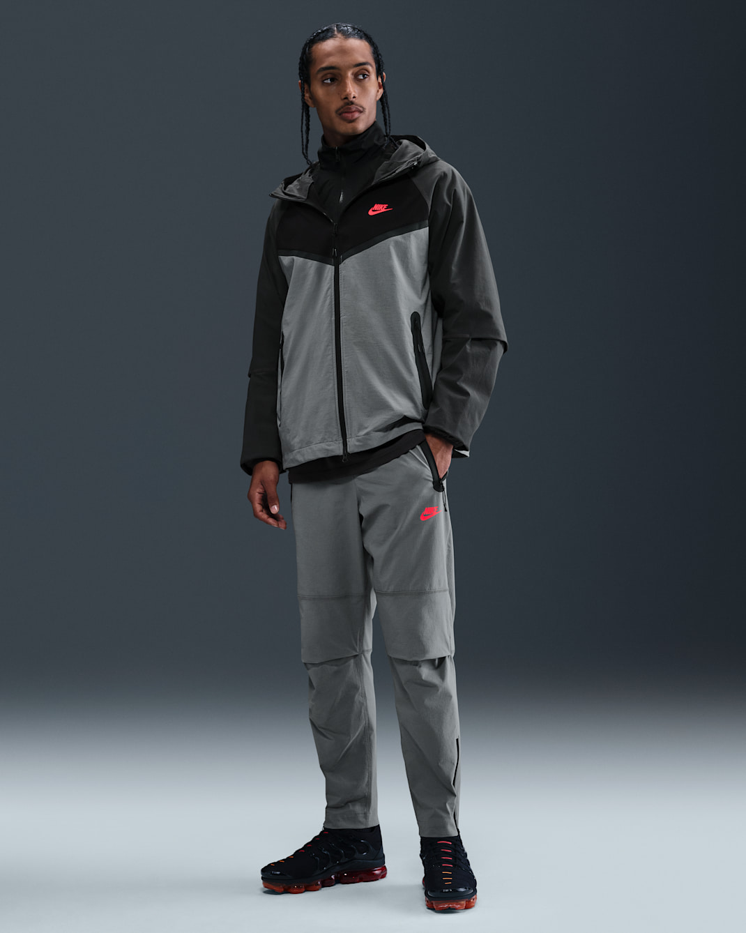 Nike Tech Men's Woven Open-Hem Trousers - Smoke Grey/Bright Crimson