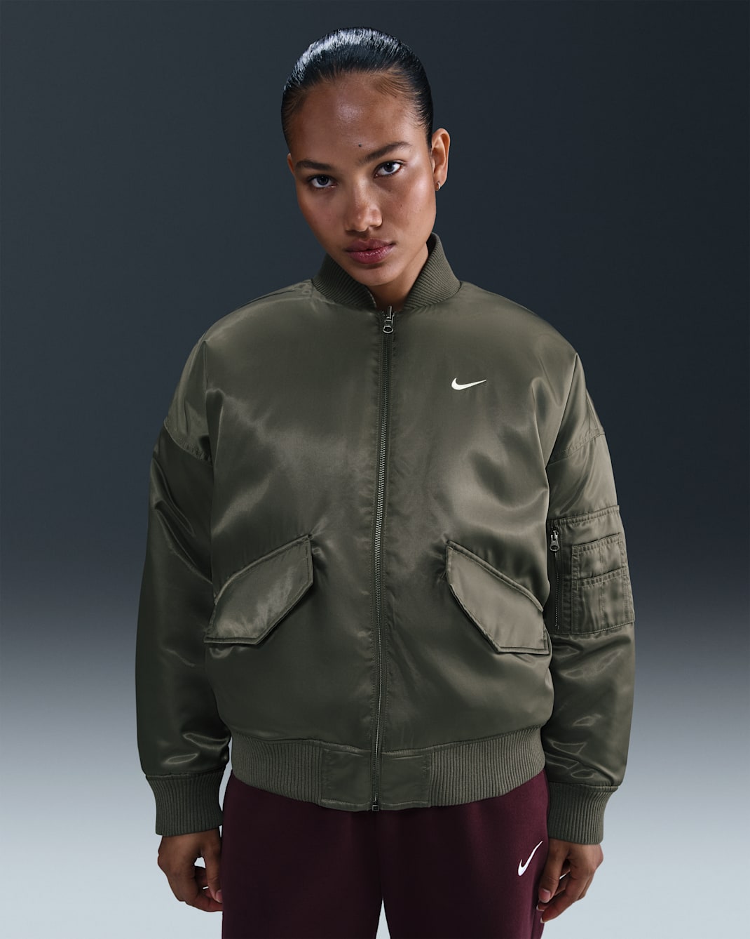 Nike Sportswear Women's Therma-FIT Reversible Bomber Jacket - Medium Olive/Safety Orange/Sail/Sail