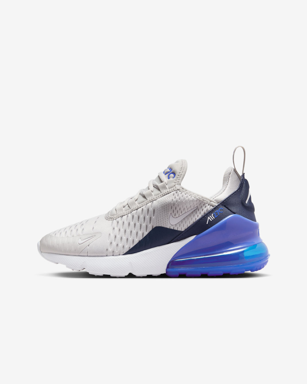 Tenis para niños grandes Nike Air Max 270 - Gris vasto/Hiperroyal/Trueno azul/Blanco