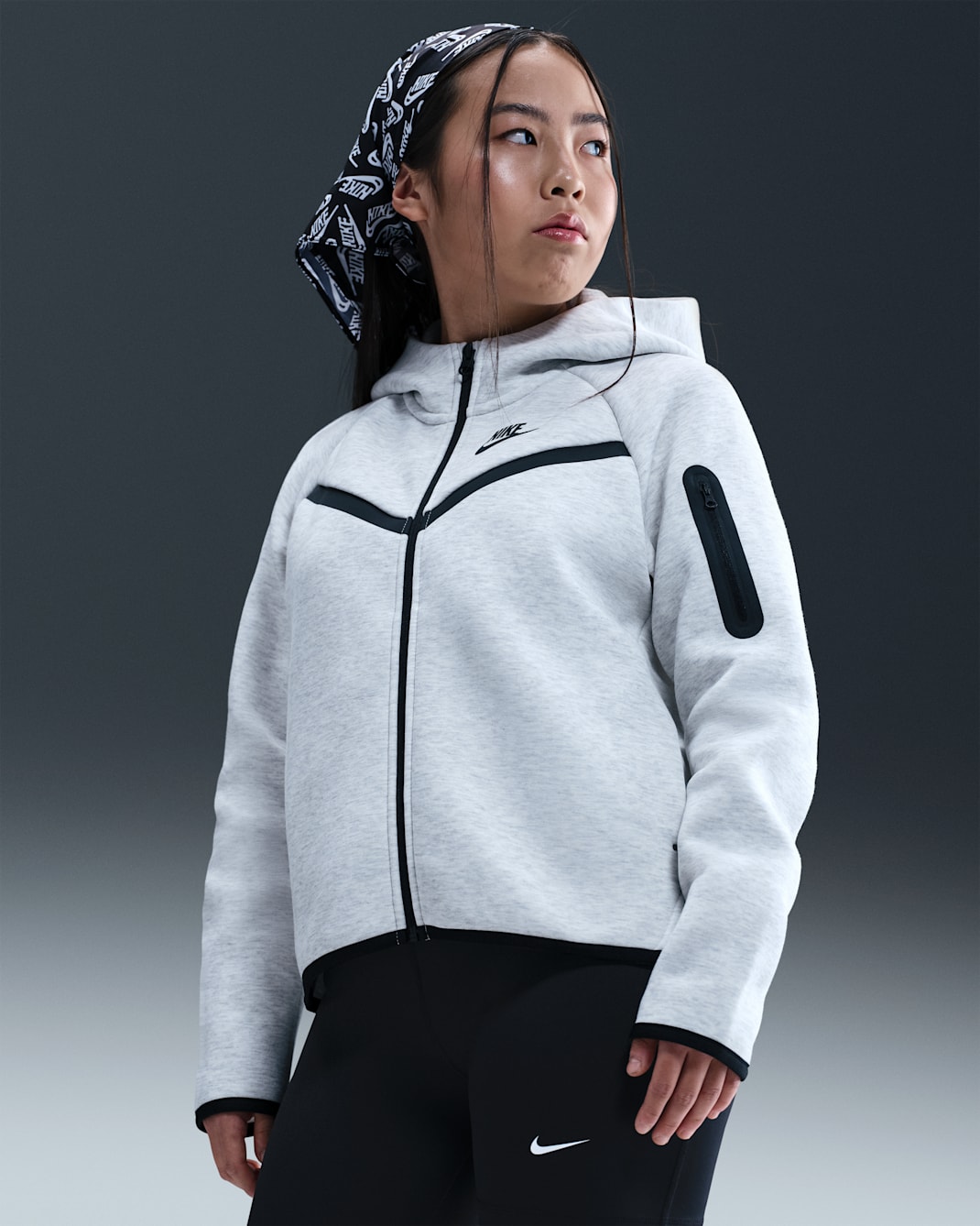 Nike Sportswear Tech Fleece Girls' Full-Zip Hoodie (Extended Size) - Light Grey/Heather/Black/Black