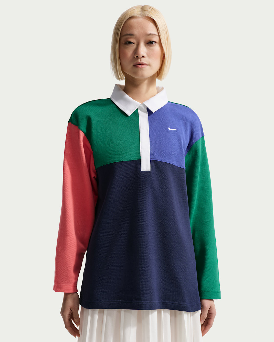 나이키 스포츠웨어 여성 오버사이즈 긴팔 폴로 - 말라카이트/미드나이트 네이비/씨 코랄/화이트