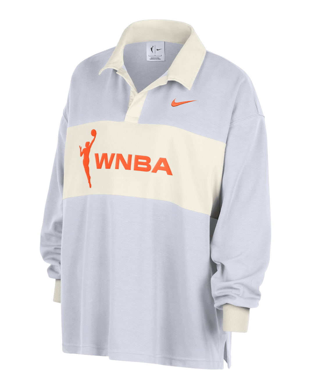 Polo de manga larga Nike de la WNBA oversized para mujer Team 13 Essential - Blanco/Fantasma/Naranja brillante