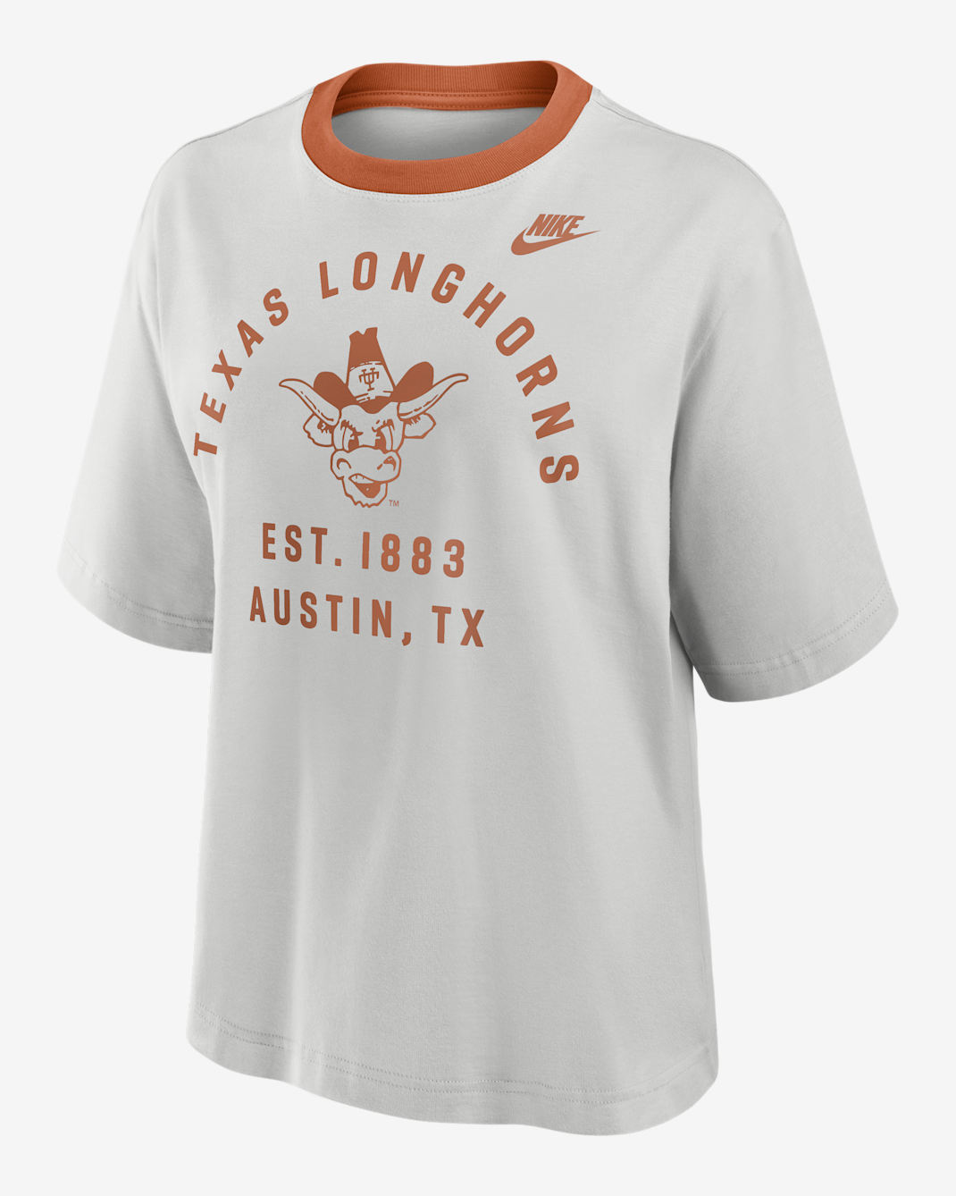 Playera universitaria Nike para mujer Texas Legacy Arch Script Boxy - Gris