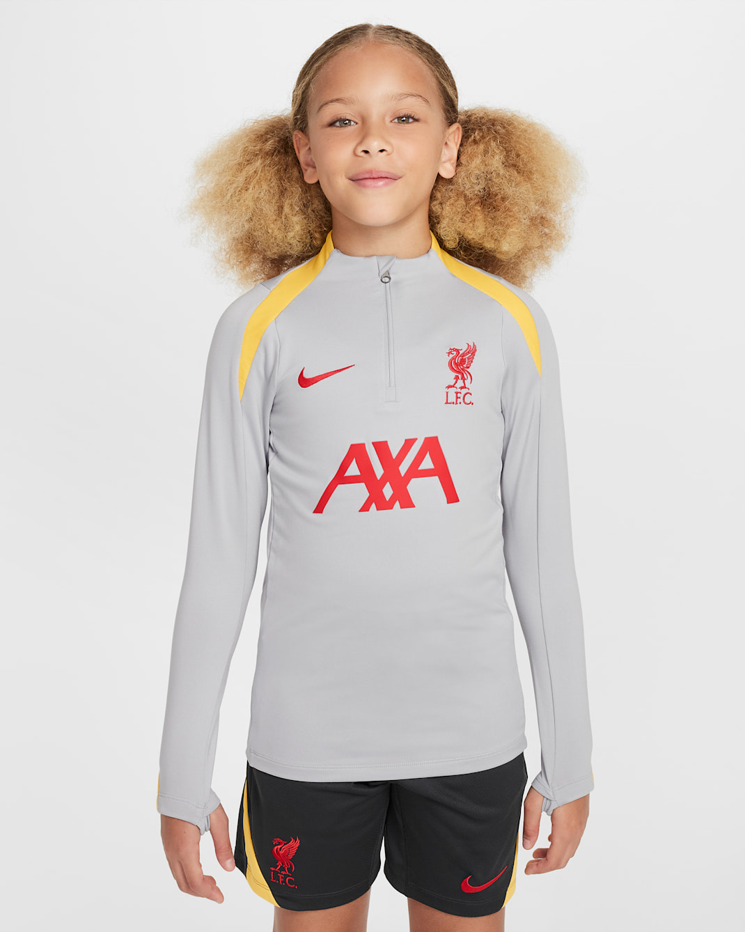 Treningowa koszulka piłkarska dla dużych dzieci Nike Dri-FIT Liverpool F.C. Strike (wersja trzecia) - Light Smoke Grey/Chrome Yellow/Global Red