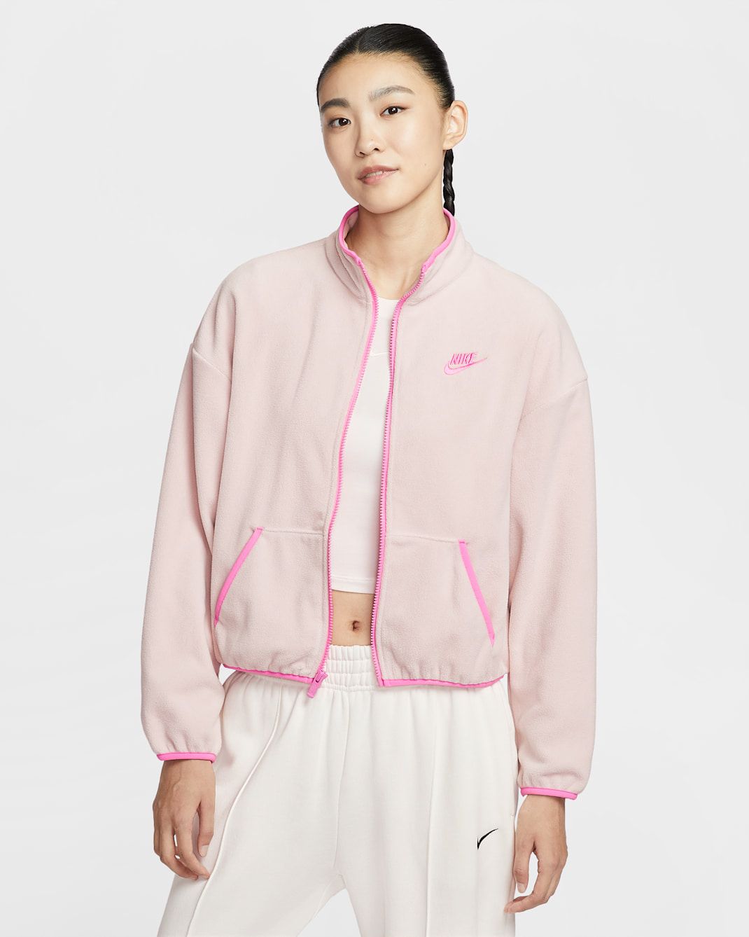 나이키 스포츠웨어 클럽 플리스 여성 루즈 핏 코지 트랙 재킷 - 실트 레드/플레이풀 핑크
