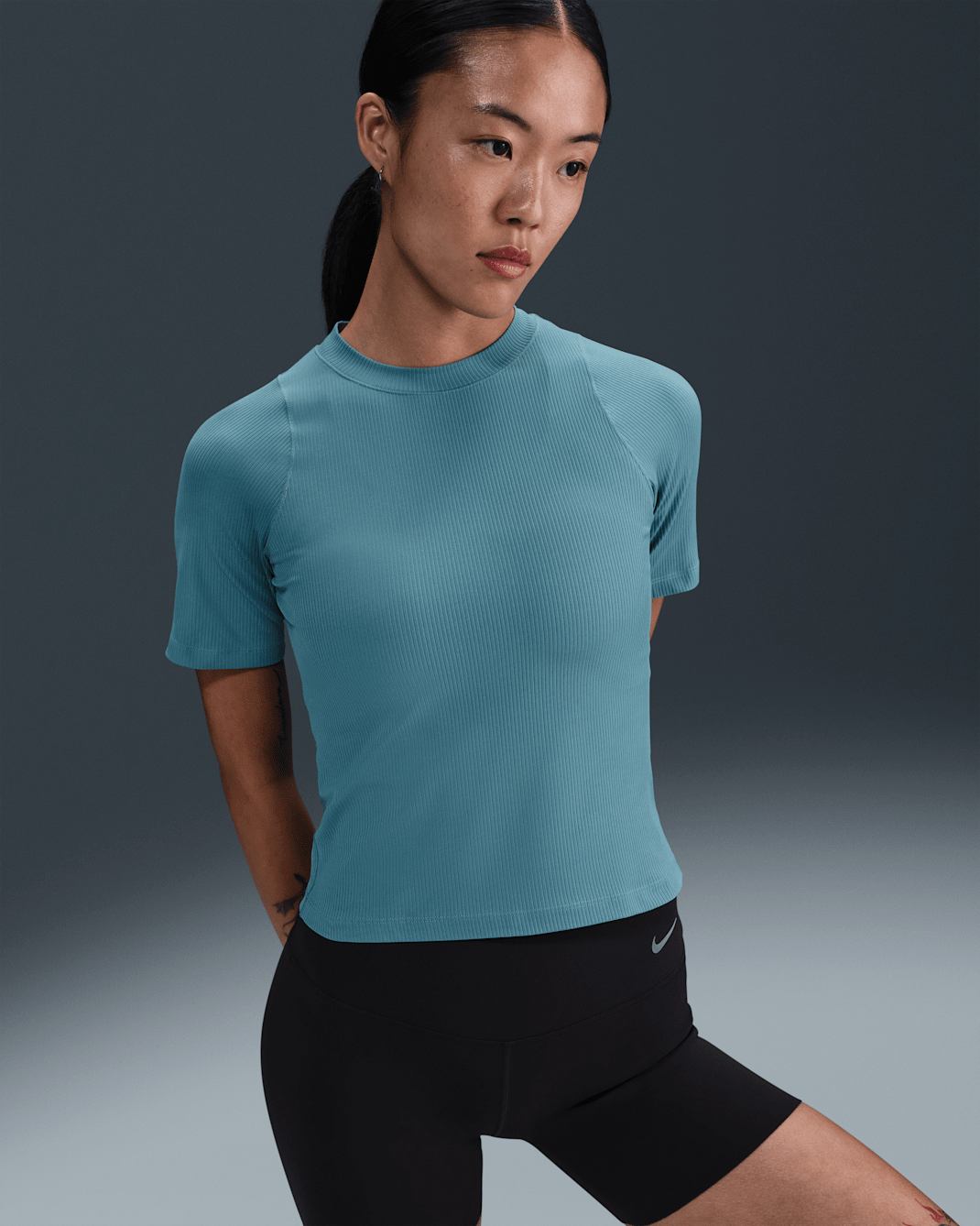 ナイキ ゼンビー リブ ウィメンズ Dri-FIT ショートスリーブ トップ - スモーキーブルー/ホワイト