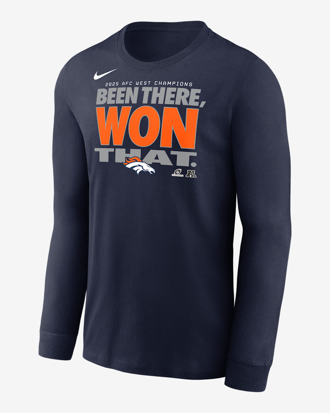 Denver Broncos 2025 AFC West Champions Trophy Collection Men's Nike NFL Long-Sleeve T-Shirt - Navy/Orange/Grey/White