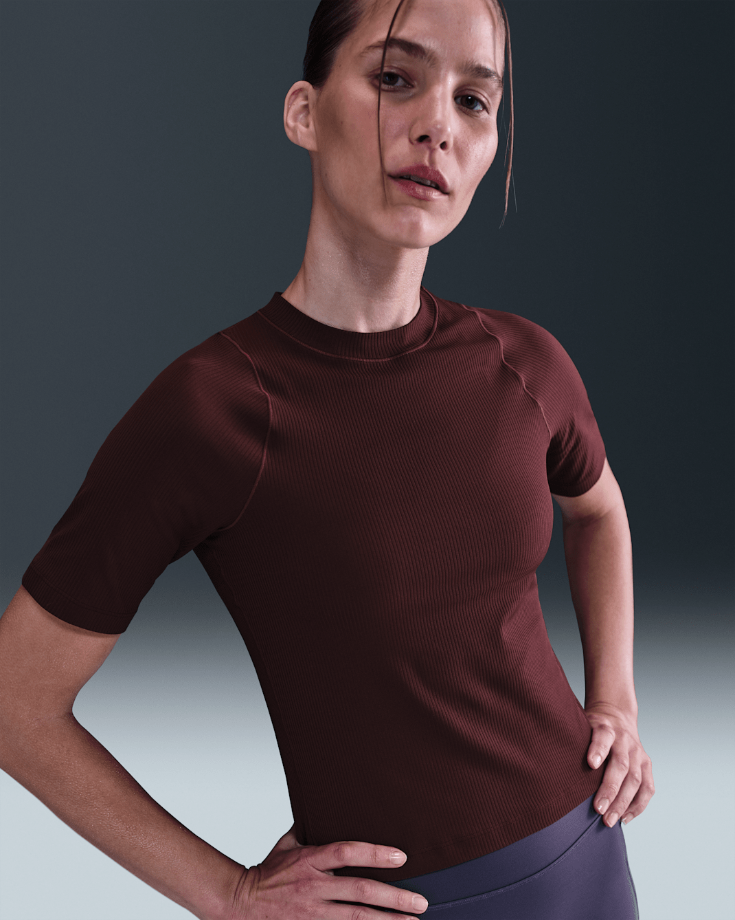 Nike Zenvy Rib Women's Dri-FIT Short-Sleeve Top - Burgundy Crush/White