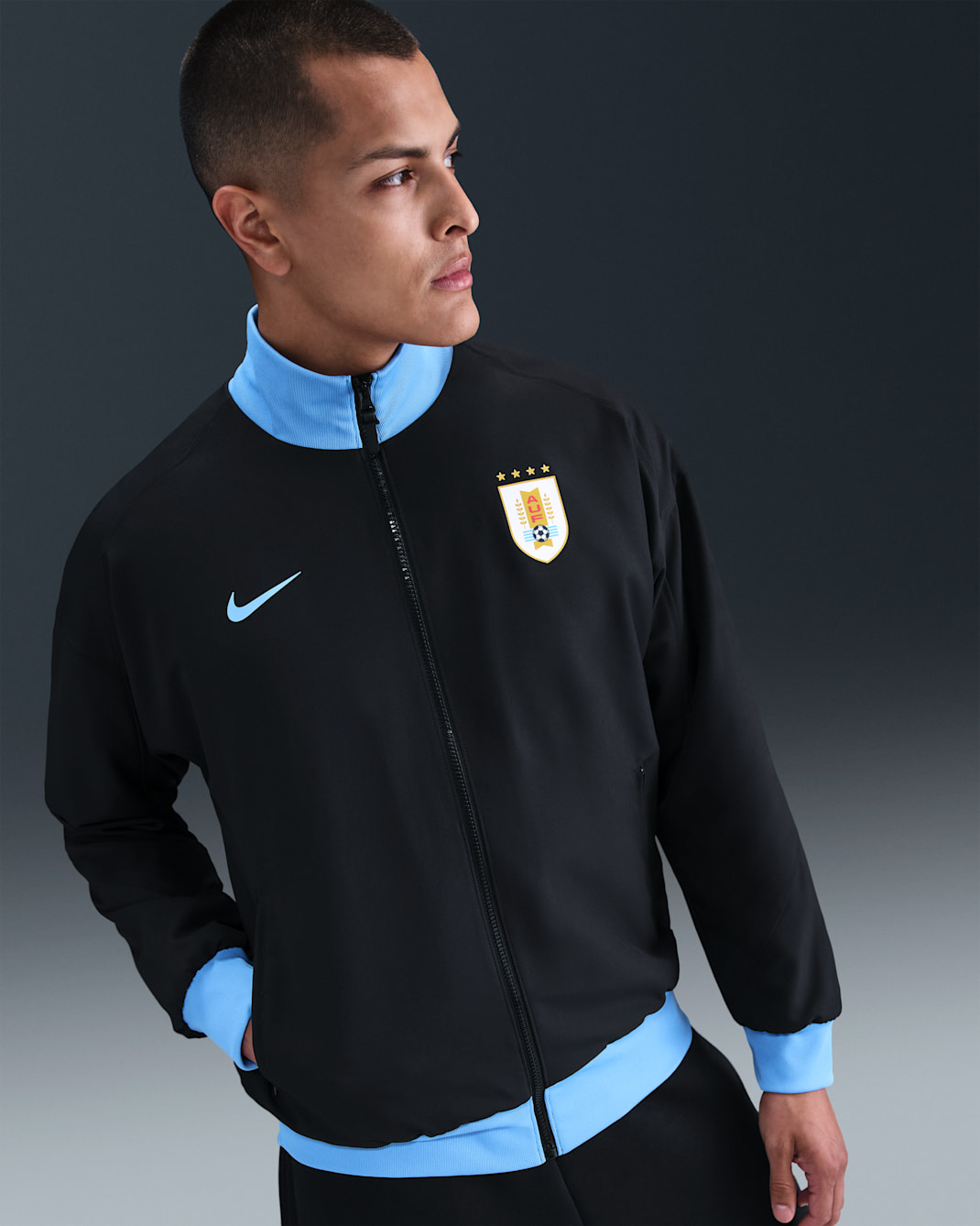 Chamarra Anthem de fútbol Nike Dri-FIT para hombre Uruguay Strike - Negro/Azul universitario/Azul universitario
