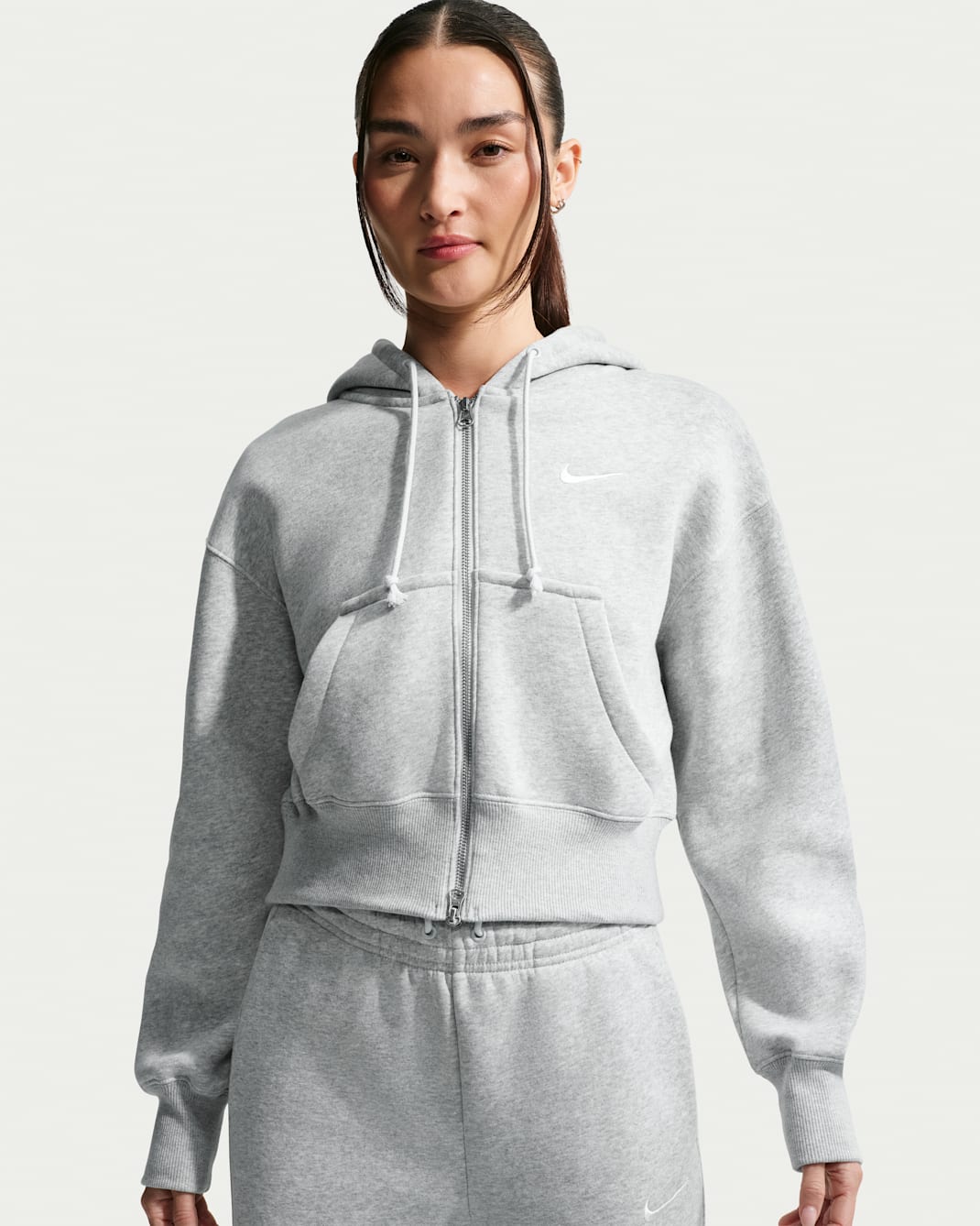 나이키 스포츠웨어 피닉스 플리스 여성 루즈 풀집 크롭 후디 - 퓨어 플래티넘/헤더/세일