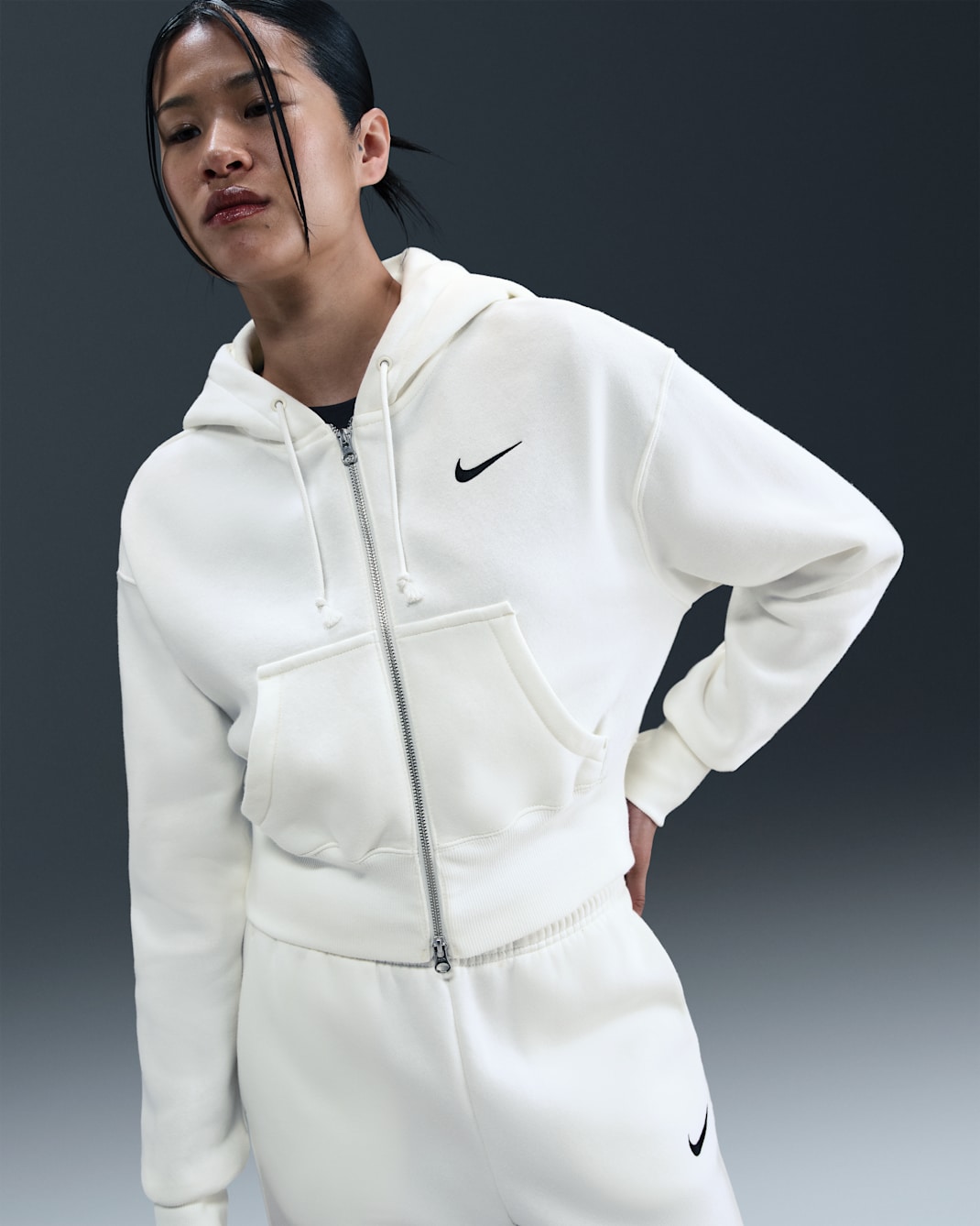 Nike Sportswear Phoenix Fleece Women's Loose Full-Zip Cropped Hoodie - Sail/Black