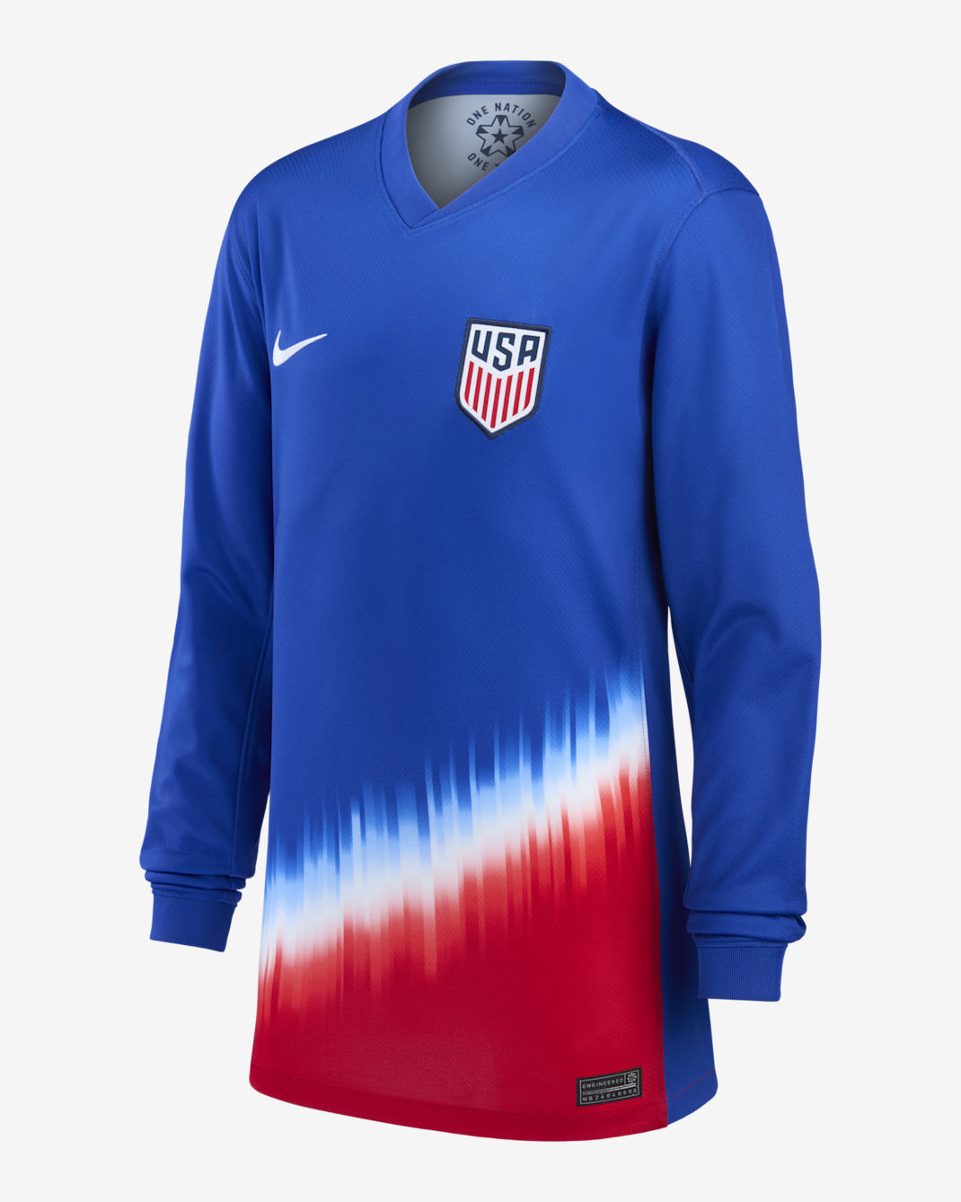 Jersey de fútbol de manga larga Nike Dri-FIT replica de USMNT 2024 Stadium visitante para niños talla grande - Azul eléctrico/Blanco/Blanco