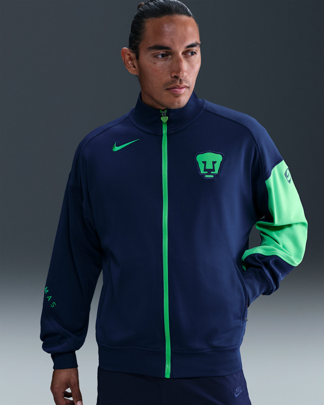 Pumas UNAM Academy Pro Third Men's Nike Dri-FIT Total 90 Soccer Anthem Jacket - Blue Void/Green Shock/Green Shock