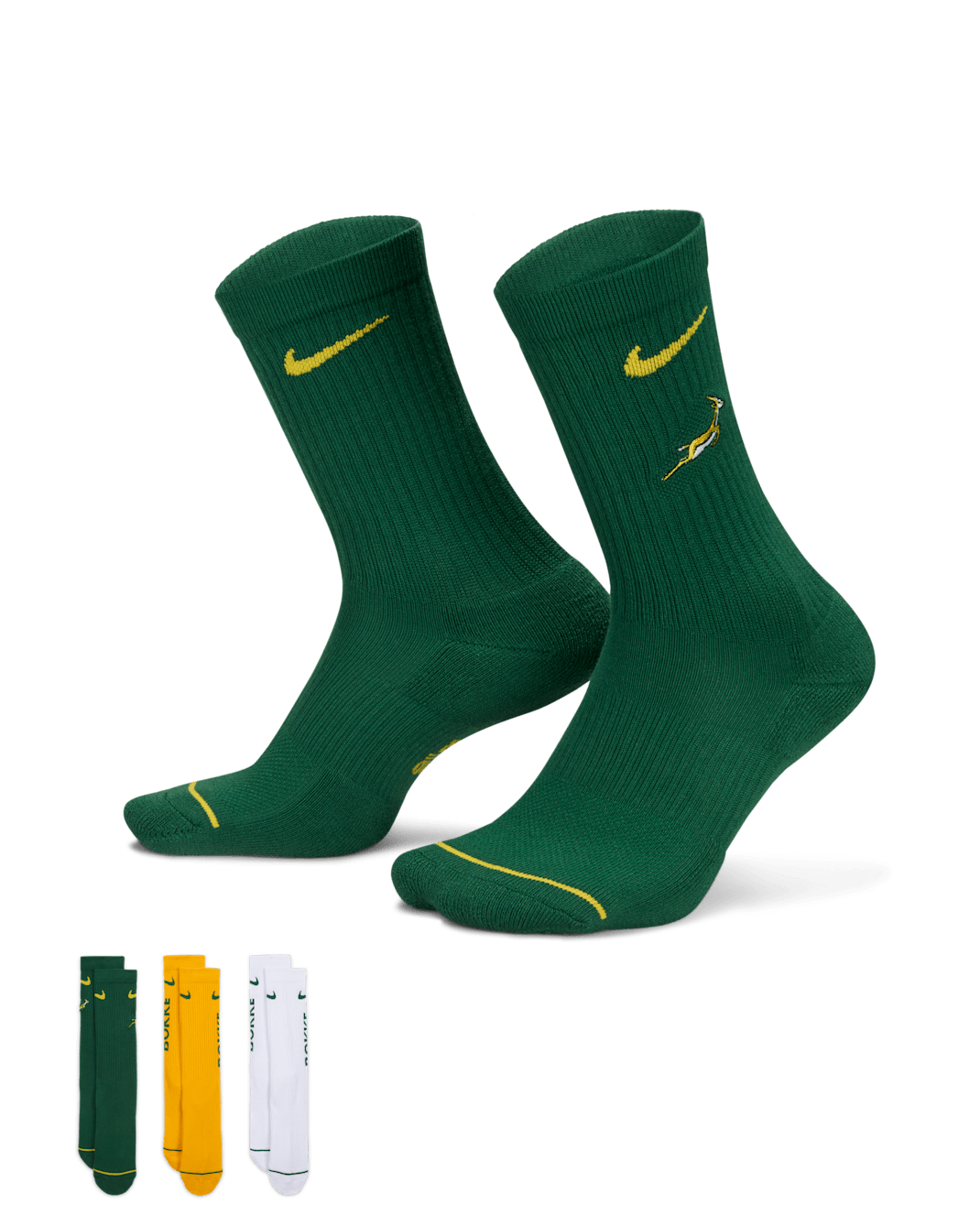 Springboks Unisex Nike Rugby Everyday Cushion 3-Pack Socks - Gorge Green/University Gold
