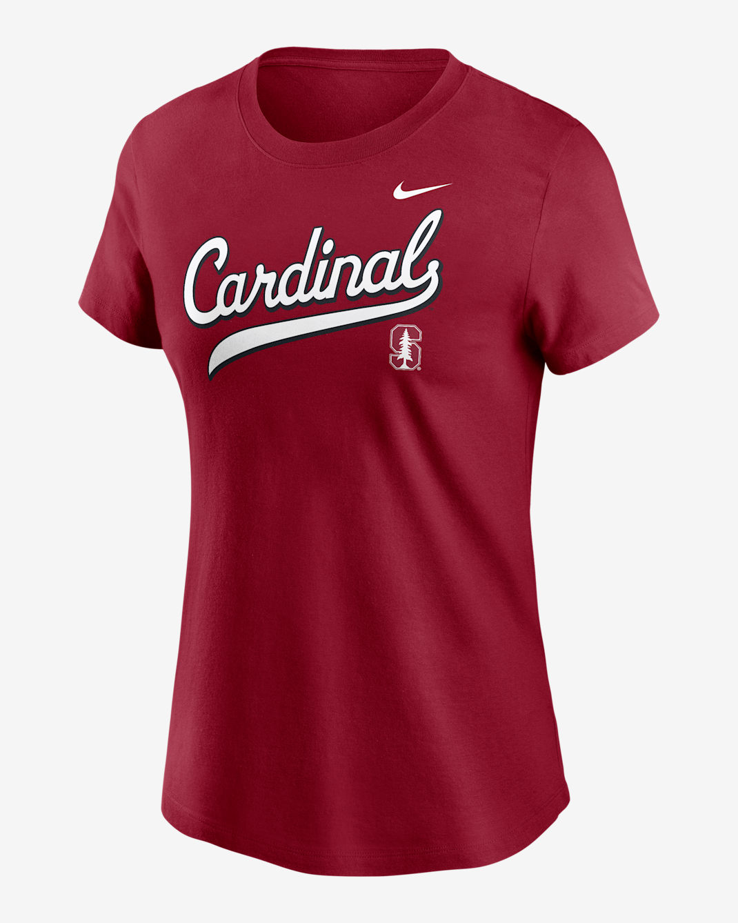 Playera universitaria Nike para mujer Stanford Athletic Prep Arch Local Script - Carmesí