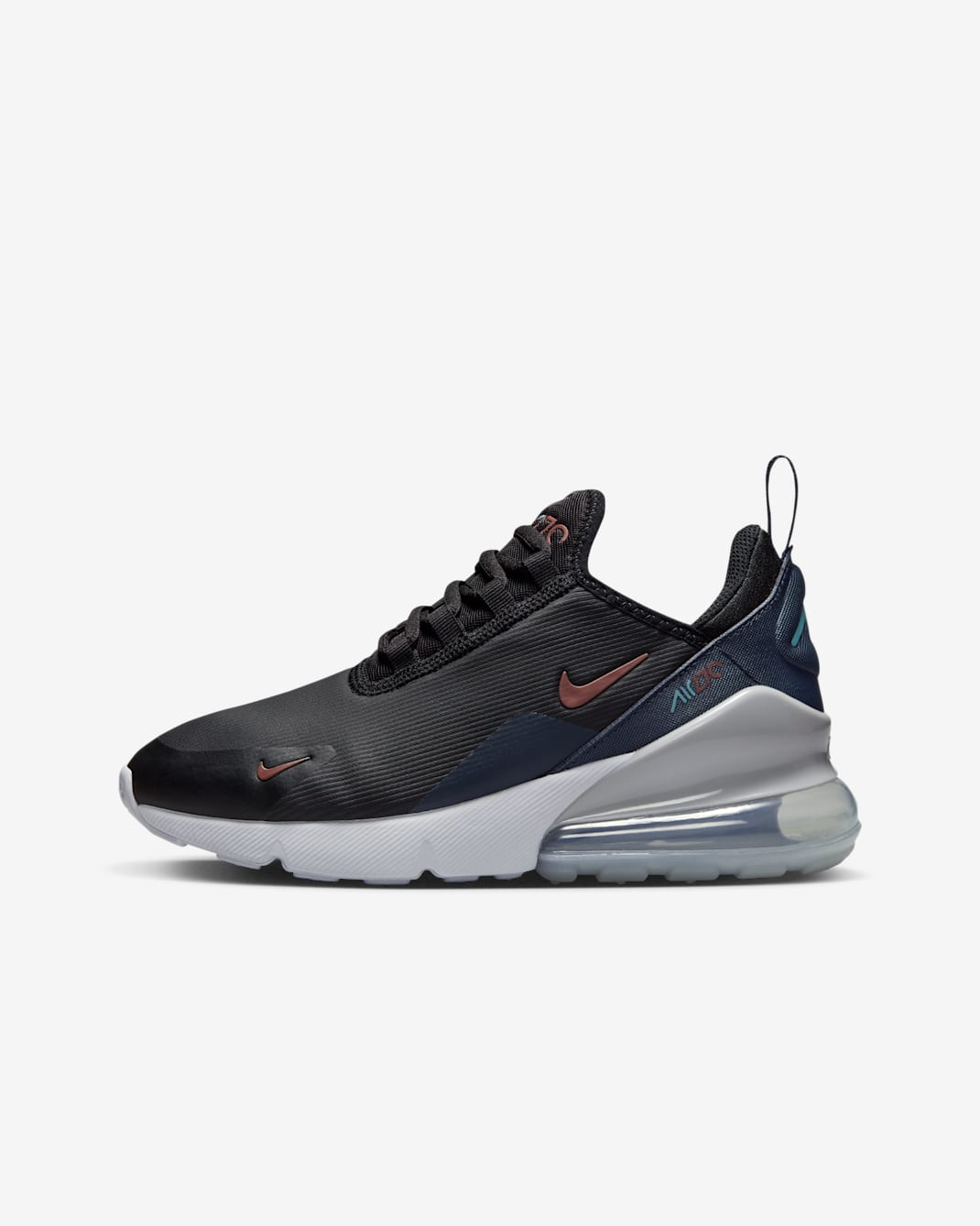 Tenis para niños grandes Nike Air Max 270 - Negro/Trueno azul/Gris lobo/Poni oscuro