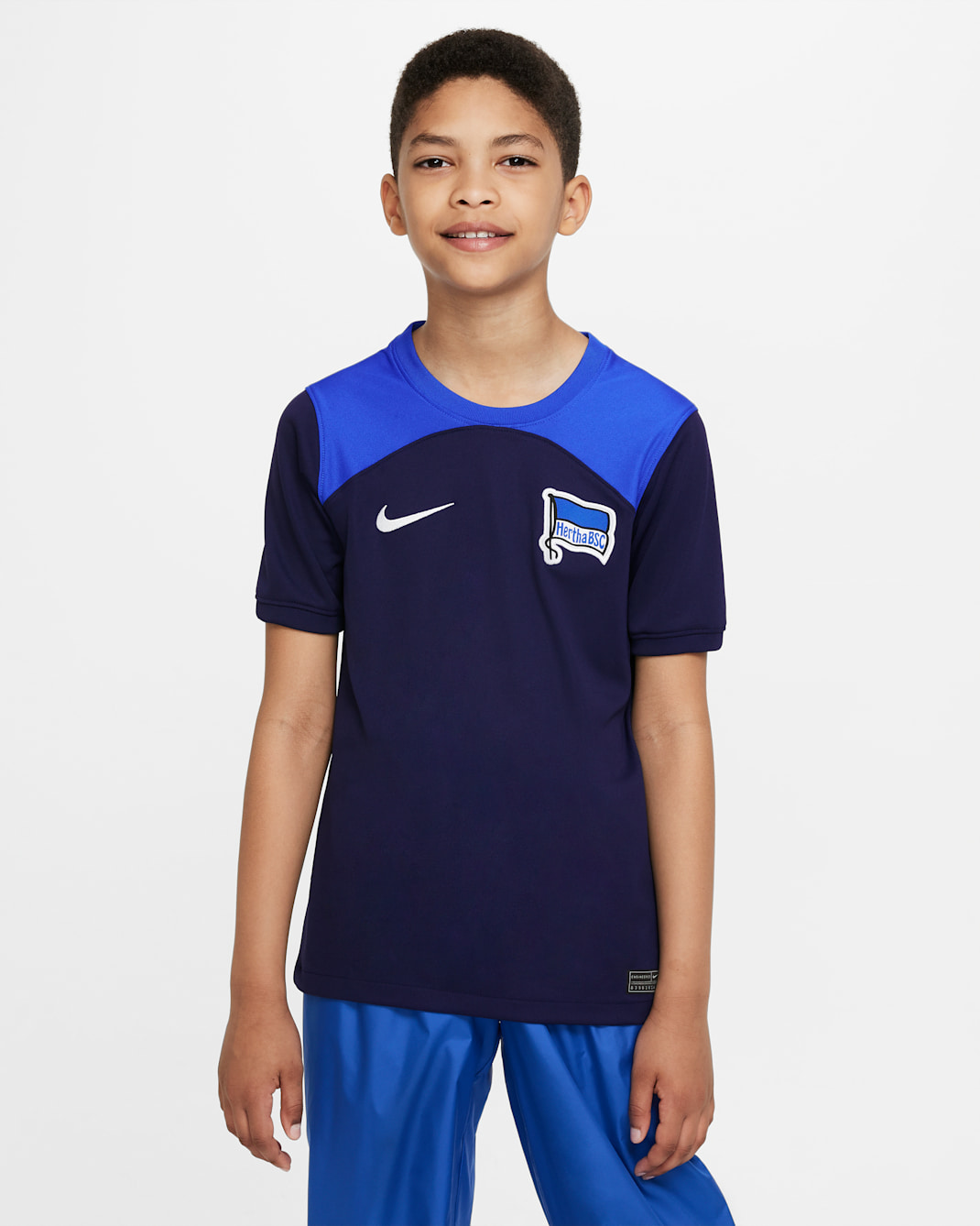 Maglia da calcio Nike Dri-FIT Hertha BSC 2022/23 Stadium per ragazzi – Away - Blackened Blue/Hyper Royal/Bianco