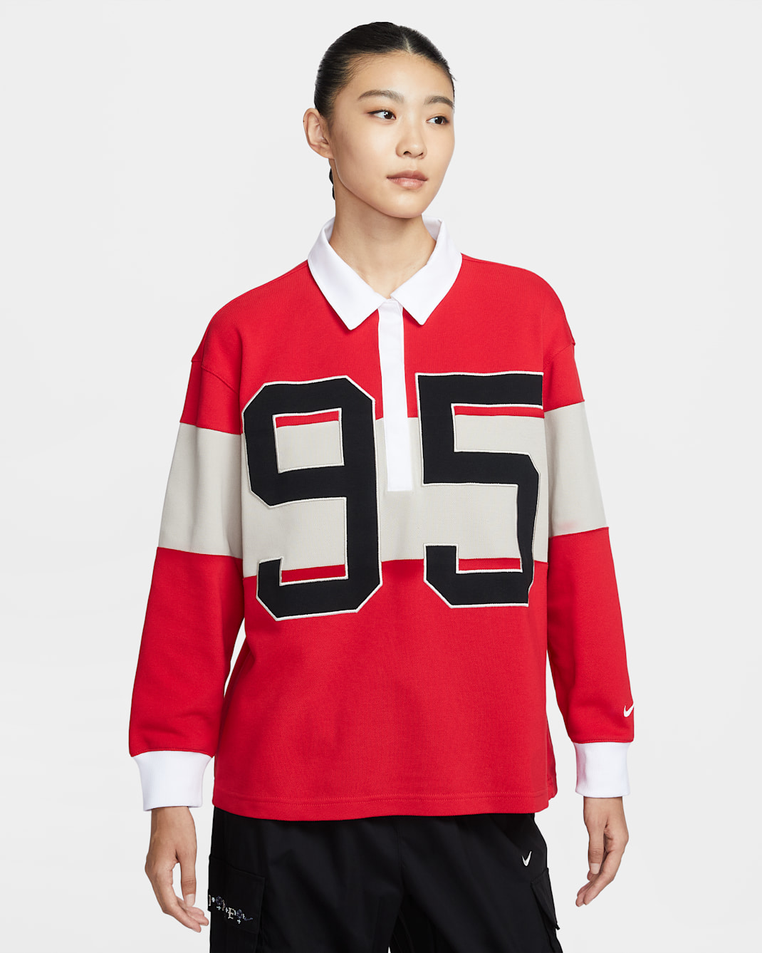 Nike Sportswear Women's Long-Sleeve Graphic Polo Top - University Red/Light Orewood Brown/White/Sail