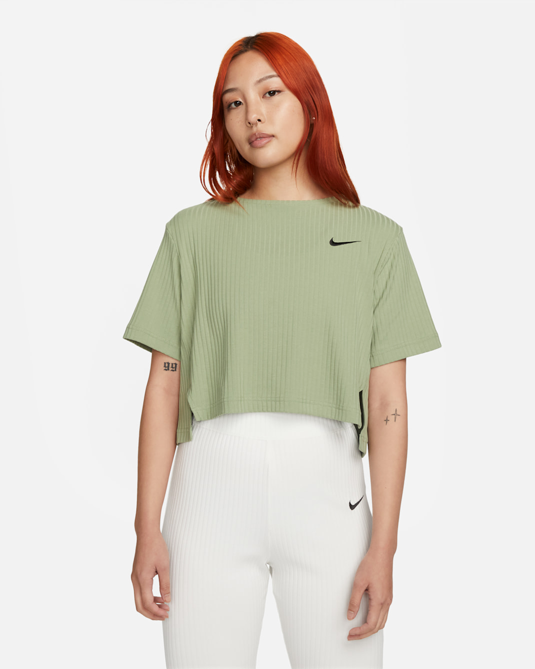 Nike Sportswear 女款羅紋針織短袖上衣 - Oil Green/黑色