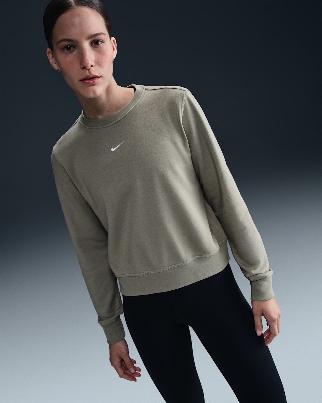 Nike One Women's Dri-FIT Crew-Neck Sweatshirt - Light Army/Cargo Khaki/White