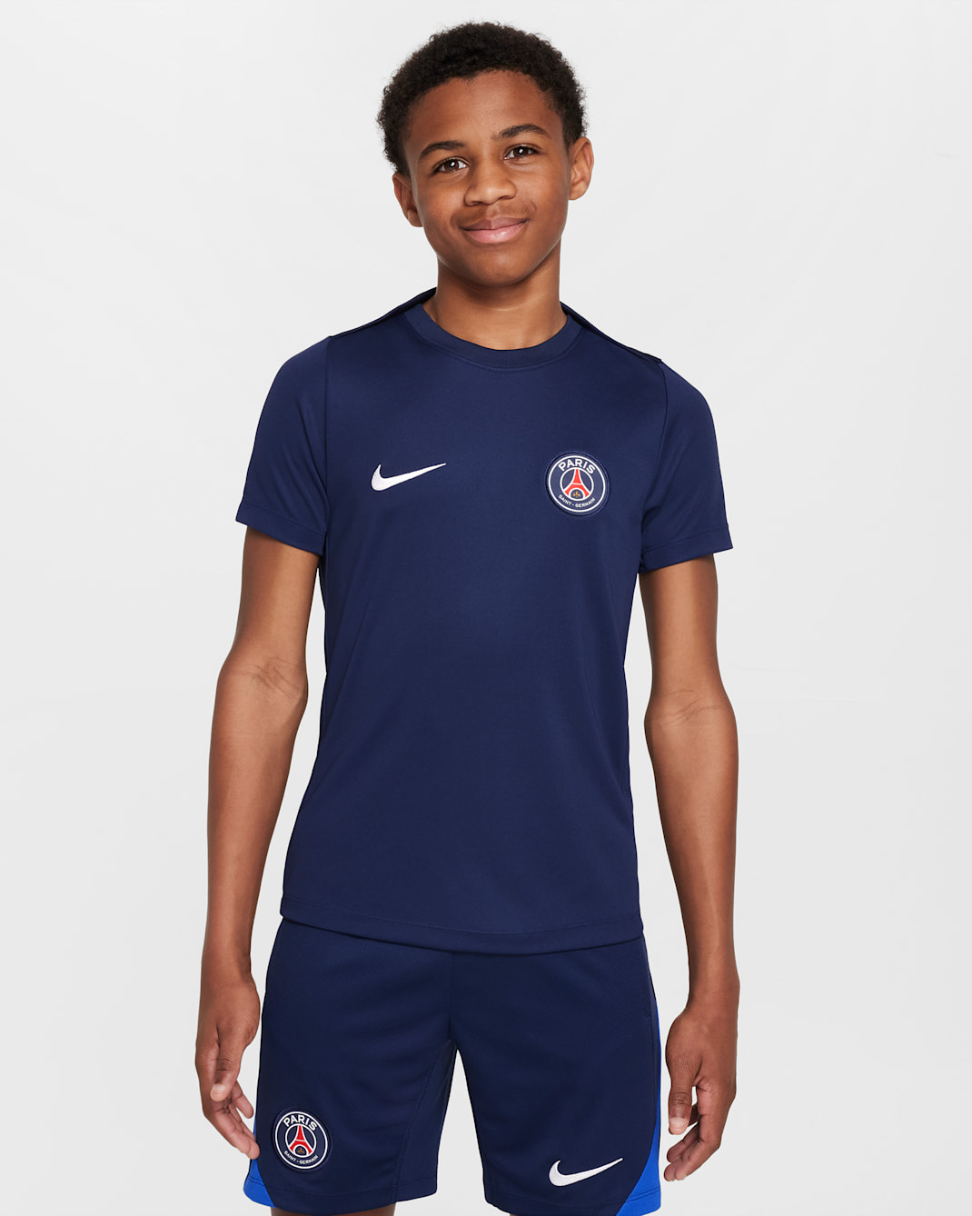 파리 생제르맹 아카데미 프로 주니어 나이키 드라이 핏 축구 반팔 니트 탑 - 미드나이트 네이비/미드나이트 네이비/화이트