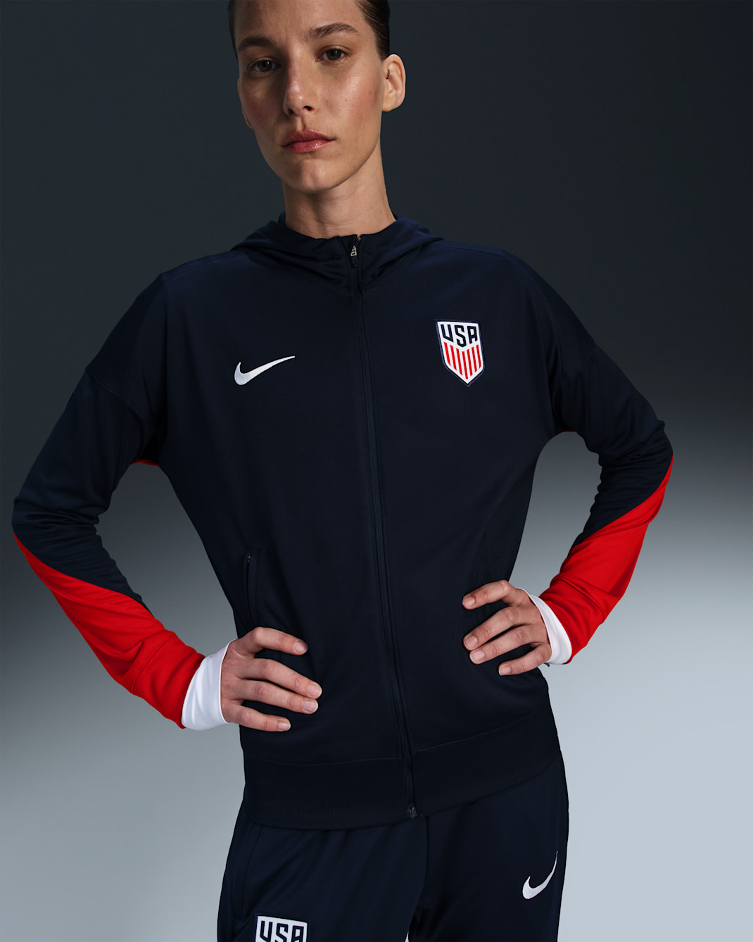 USMNT Strike Women's Nike Dri-FIT Soccer Hooded Track Jacket - Obsidian/Sport Red/White