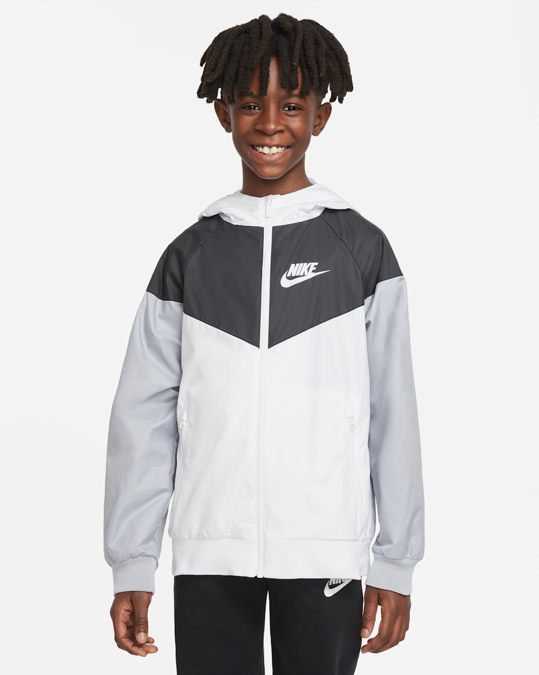 Nike Sportswear Windrunner Big Kids' (Boys') Loose Hip-Length Hooded Jacket - White/Black/Wolf Grey/White